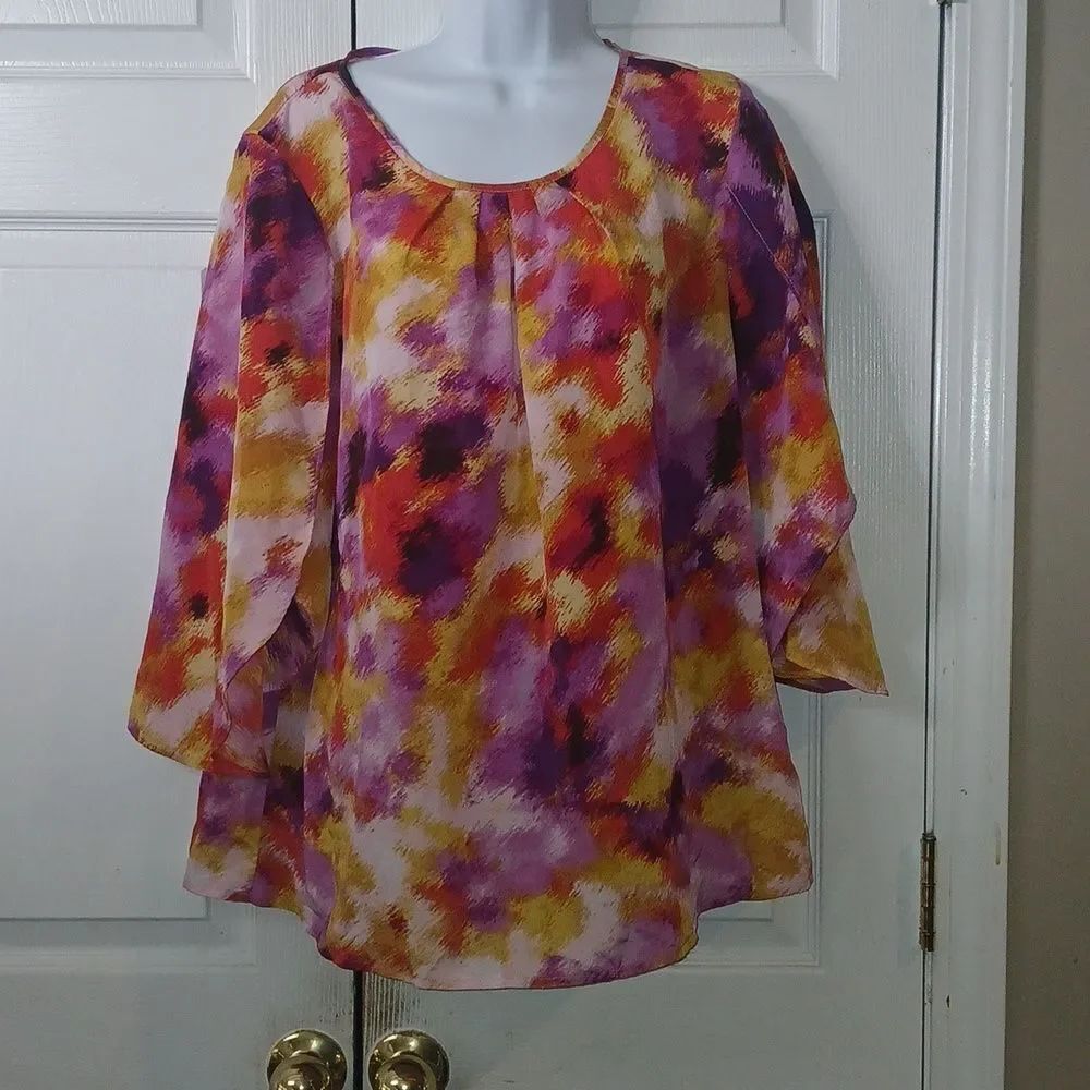 NUE OPTIONS Purple, Yellow, Red Tie Dye Print Pleated Front Blouse Sz L NWOT